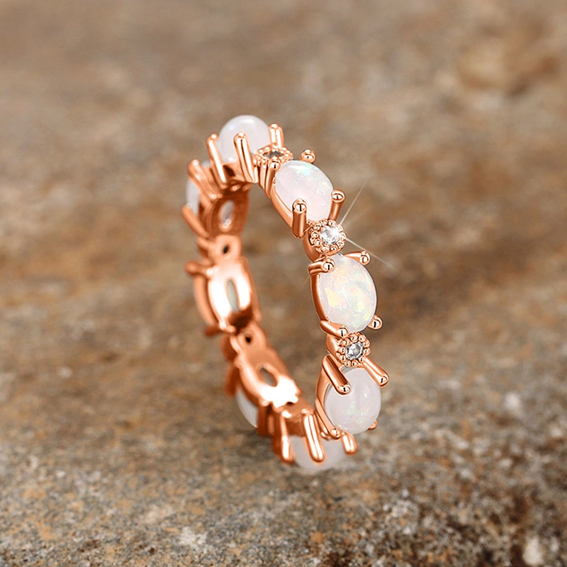 Popular bridal small oval ring imitation white fire opal stacking ring full circle design
