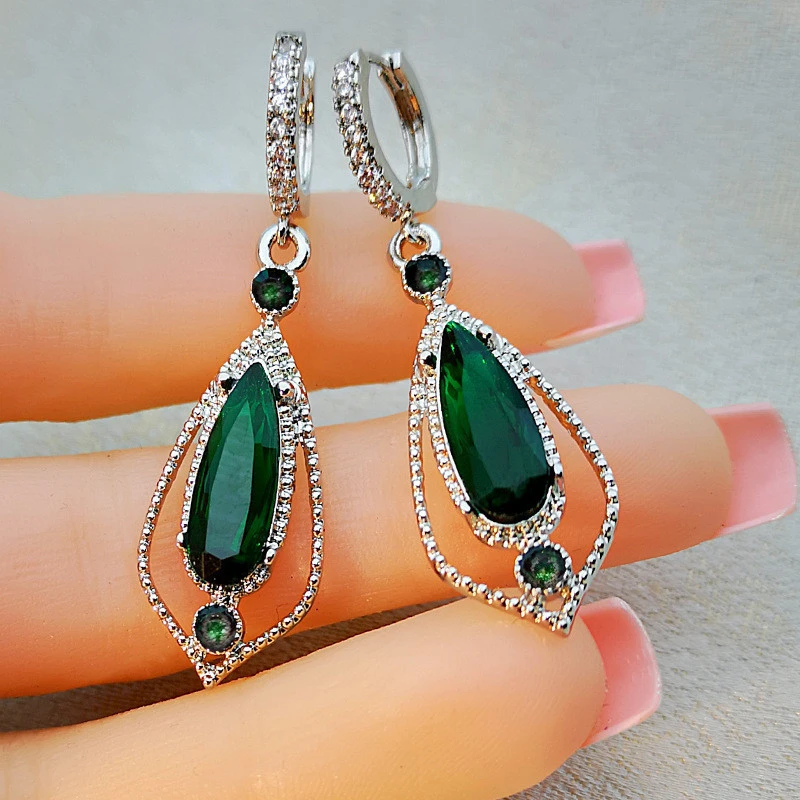 Luxury palace style emerald diamond zircon earrings European and American creative hollow water drop exaggerated earrings for women