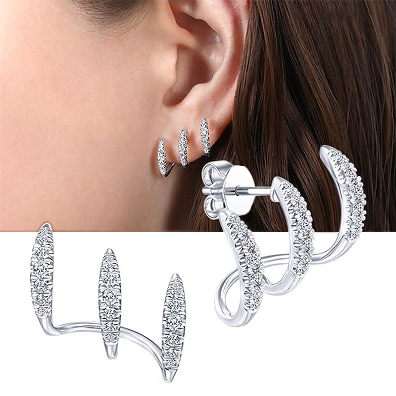 Niche design three-claw ear clips high-end simple curved curve high-quality zircon earrings wholesale