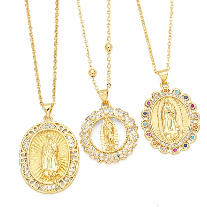 Popular European and American diamond-studded oval Virgin Mary necklace for women, personalized retro geometric Virgin Mary pendant nks88