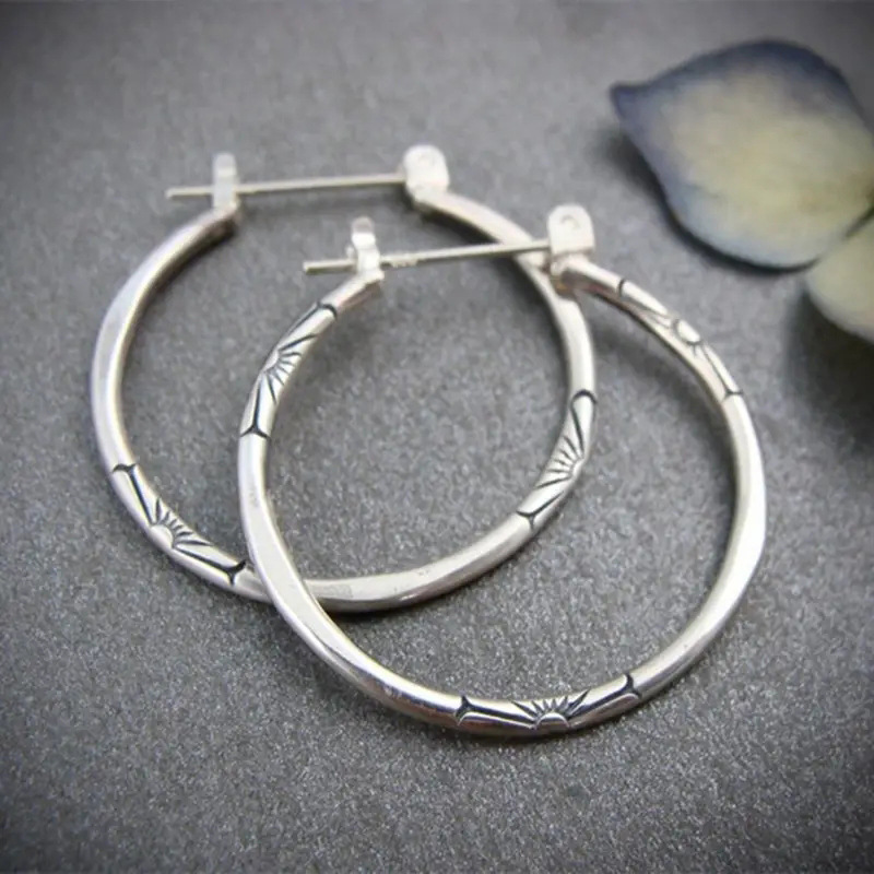 European and American retro antique silver hoop earrings palace character design sense large earrings floral flower earrings