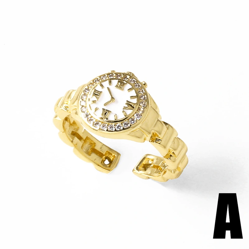 AS jewelry hot selling copper plated 18k gold drop oil watch clock open ring ring female riq50