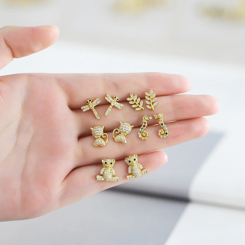 European and American fresh diamond dragonfly kitten bear seahorse earrings female sweet cute small animal earrings ert35