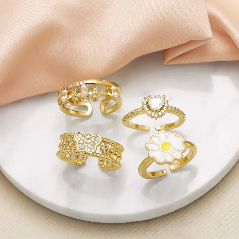 AS jewelry new hot selling chrysanthemum ring female copper plated 18k gold love heart shaped zircon ring rin64