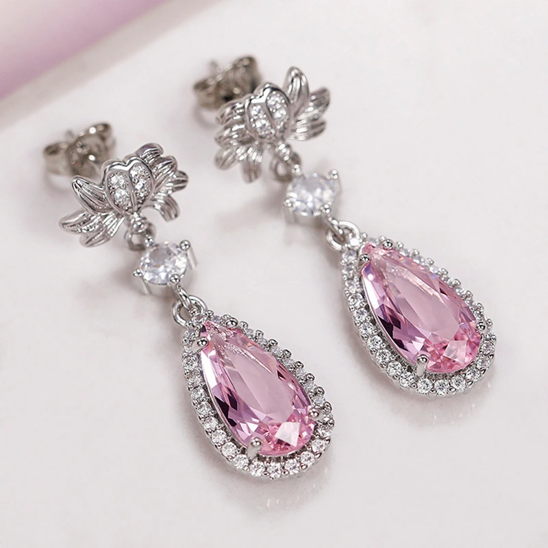 Internet celebrity live broadcast new long water drop pear-shaped flower earrings simulated yellow diamond topaz pink diamond earrings