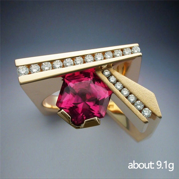 Hot selling new unique geometric men's ring copper plated gold micro inlaid red zircon ring