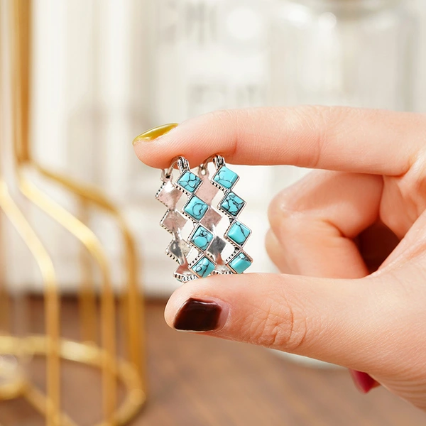 Hot selling retro Chinese style earrings, fashionable geometric imitation turquoise earrings, popular earrings