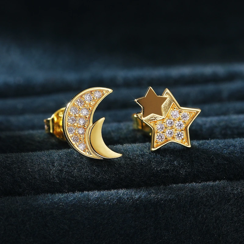 Small fresh and high-end earrings, creative asymmetrical star and moon earrings, niche elegant and fashionable earrings