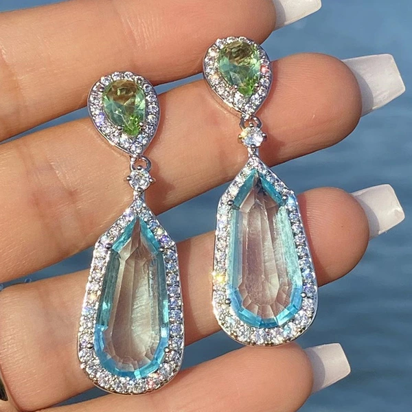 New earrings niche design sea blue zircon wedding earrings chic bridal evening earrings