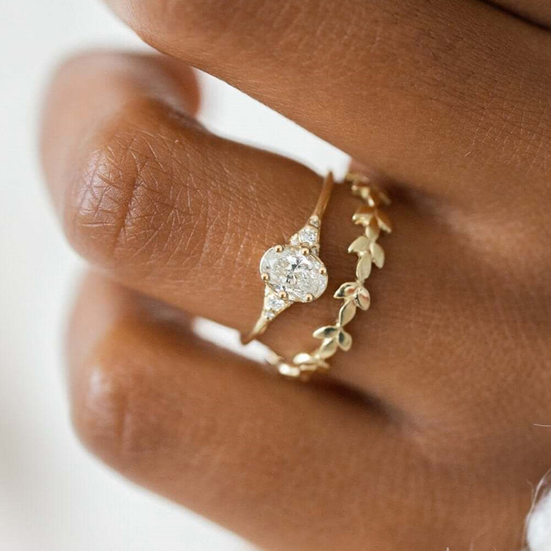   Wheat ear leaf geometric ring women's fashionable ring two-piece wedding engagement ring