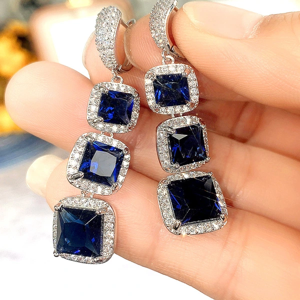 European and American shiny square zircon earrings for women, light luxury high-end zircon colored gemstone long earrings, factory direct sales