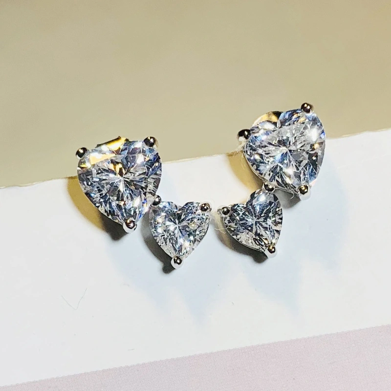 Sweet and fashionable super flash double love zircon earrings inlaid with large and small heart-shaped earrings popular earrings