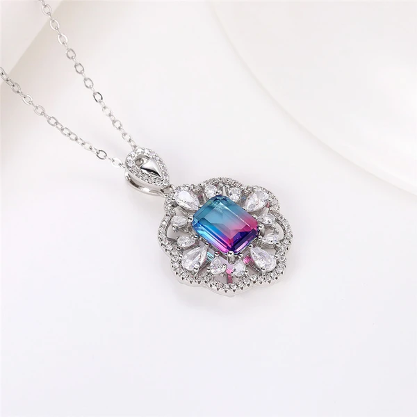 New exquisite hollow flower colored gemstone necklace luxury women's zircon pendant O chain