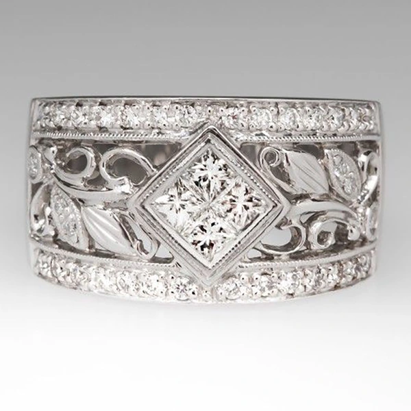 Retro ethnic style wide ring geometric diamond quadrilateral fashion ring branch vine female ring