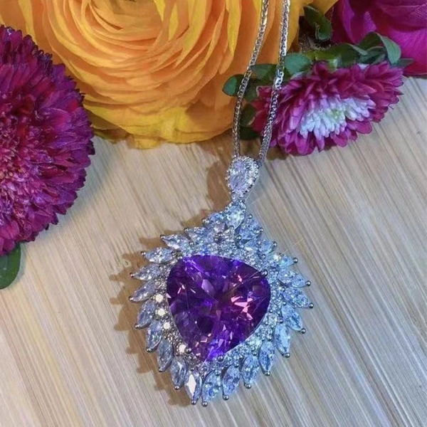 Luxury Heart-Shaped Amethyst Pendant for Women, Ruili Magazine Style Colored Gemstone Imitation Amethyst Necklace