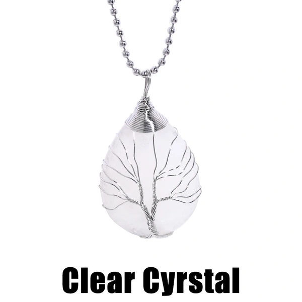 European and American jewelry white crystal moon teardrop-shaped tree of life pendant copper wire winding necklace wholesale nkr91