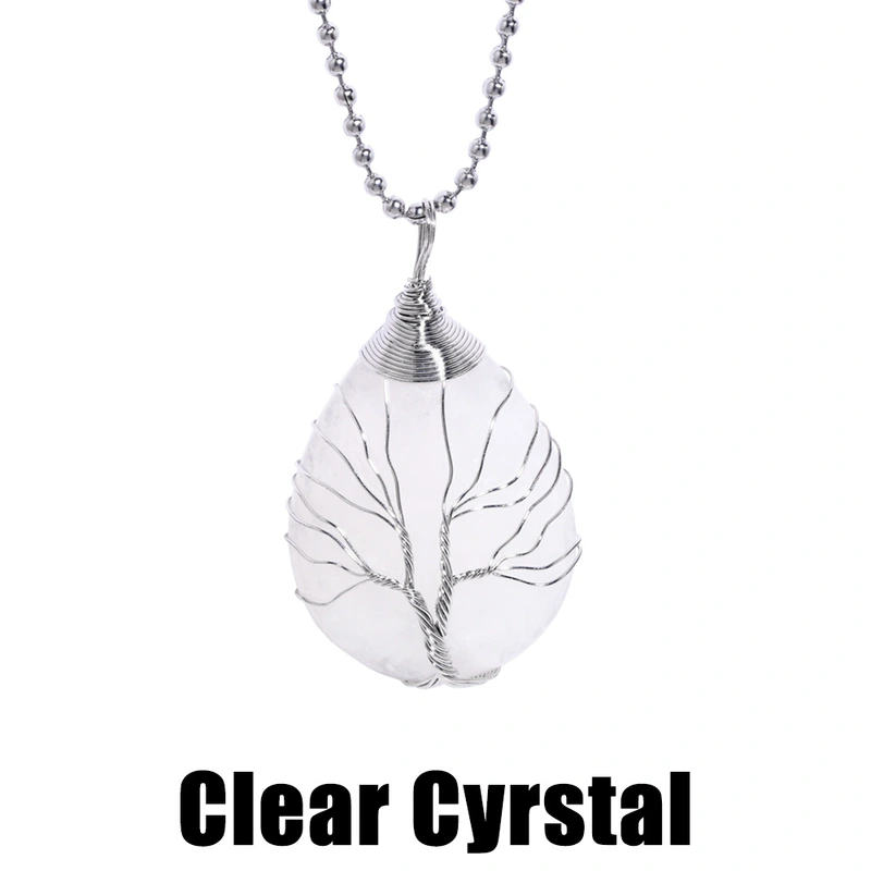 European and American jewelry white crystal moon teardrop-shaped tree of life pendant copper wire winding necklace wholesale nkr91