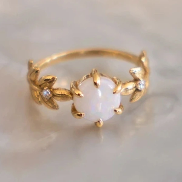 European and American new hand jewelry artificial opal opal synthetic opal ring simple leaf ring