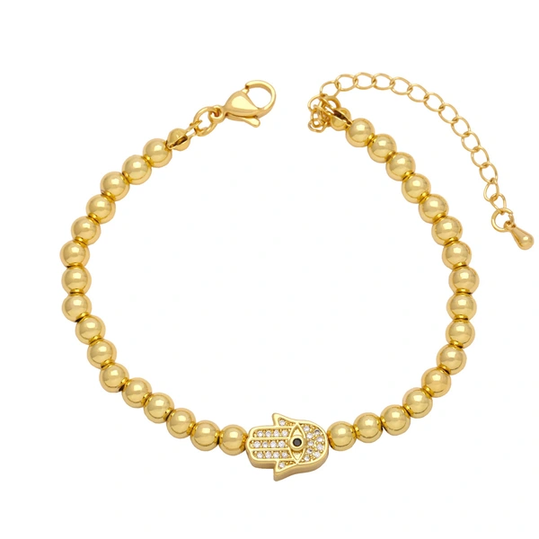 European and American personality hip-hop inlaid zircon Fatima hand bracelet female copper plated 18K gold round bead bracelet brc01