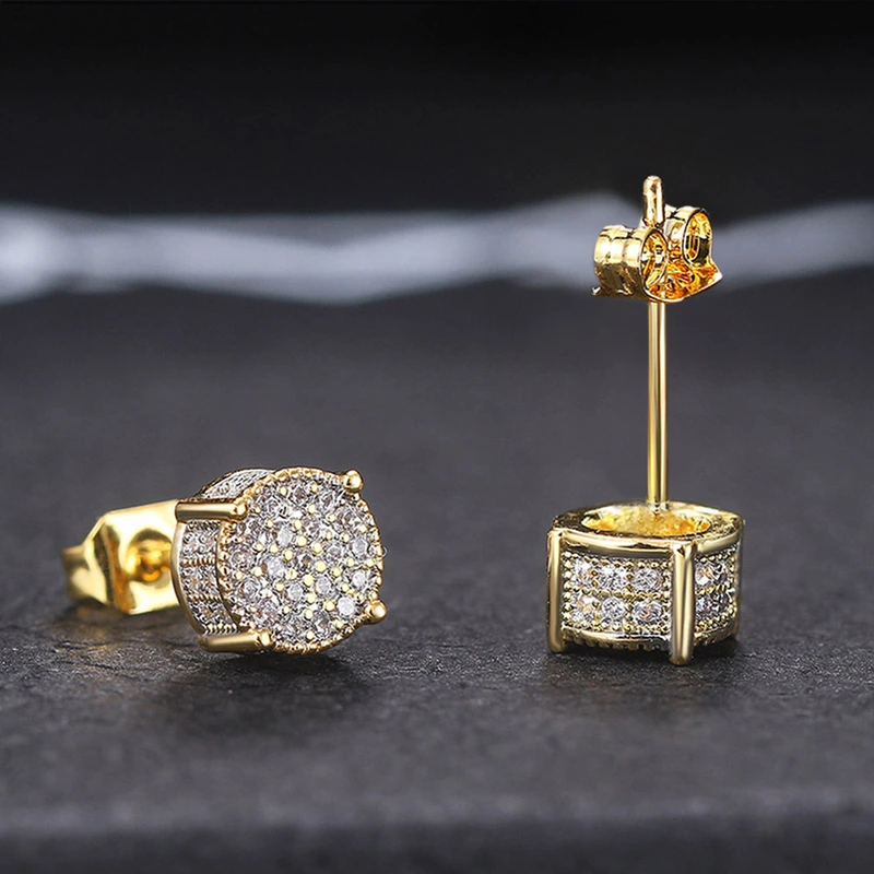 European and American hot-selling full diamond hip-hop men's earrings micro-inlaid zircon electroplated round earrings wholesale