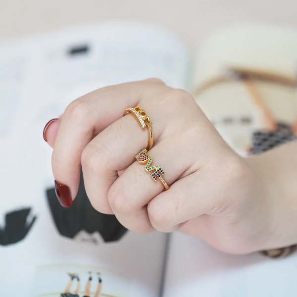 Clearance AS European and American colored zircon ring niche love love ring open ring riq51