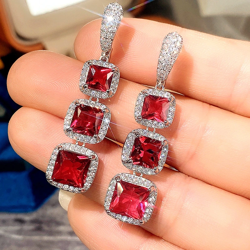 European and American shiny square zircon earrings for women, light luxury high-end zircon colored gemstone long earrings, factory direct sales