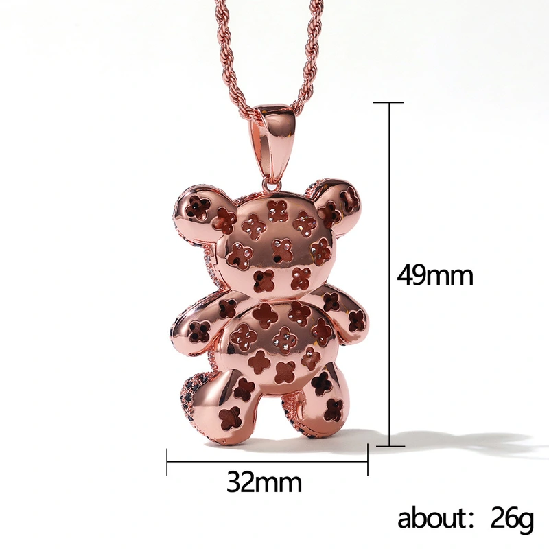 Popular cartoon bear pendant rose gold two-tone zircon men's and women's hip-hop necklace snake bone chain