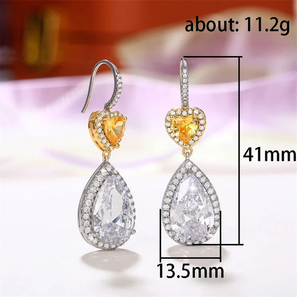 Luxury large teardrop heart-shaped earrings for women, two-tone plated micro-inlaid AAA zircon, fashionable and versatile bridal earrings