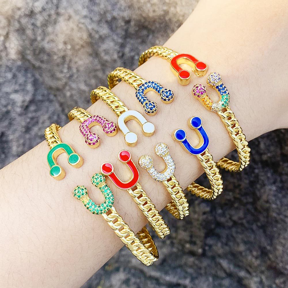 European and American jewelry fashion trend inlaid colored diamond horseshoe buckle bracelet female personality double U-shaped head bracelet brj90