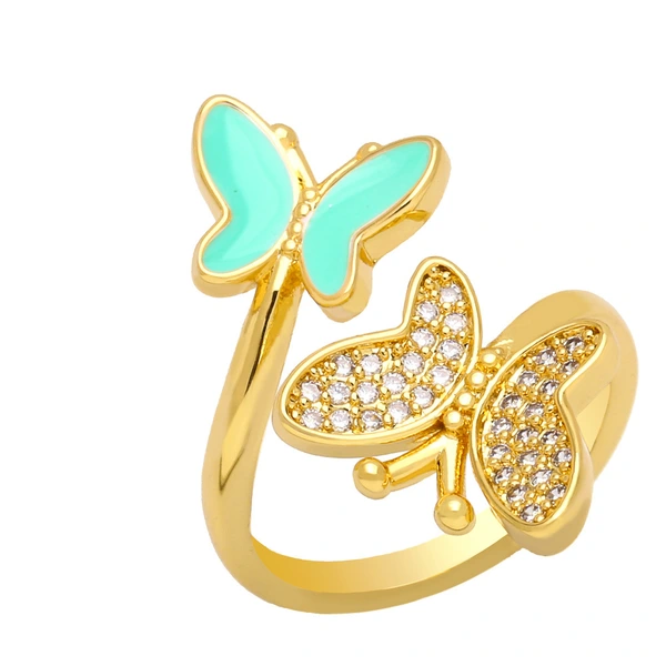 Clearance niche design double butterfly oil drop zircon ring open ring female versatile index finger ring wholesale riq68