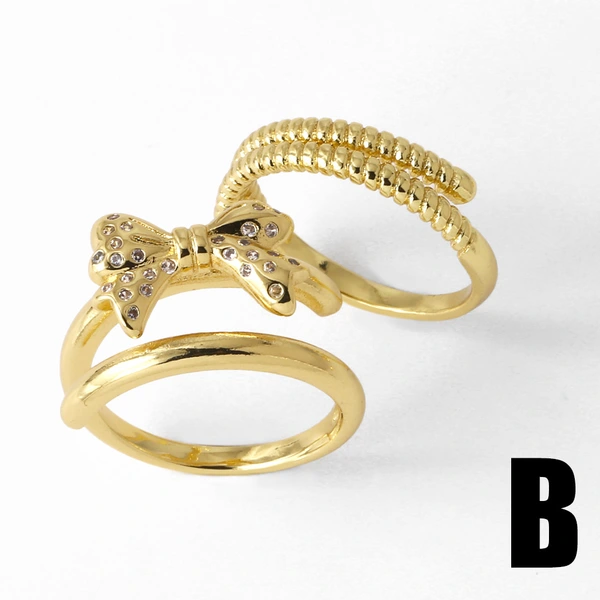 Clearance AS jewelry European and American bow ring female copper plated real gold inlaid zircon double layer ring rik31