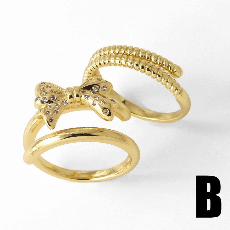 Clearance AS jewelry European and American bow ring female copper plated real gold inlaid zircon double layer ring rik31