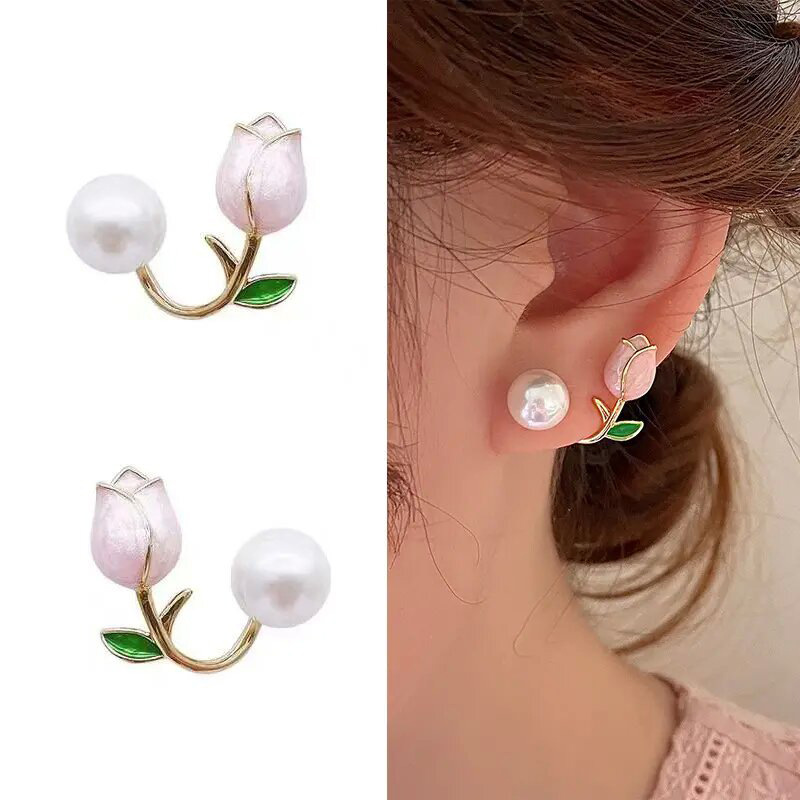 Super fairy tulip imitation pearl earrings new style simple niche ear clip small fragrance style lady earrings