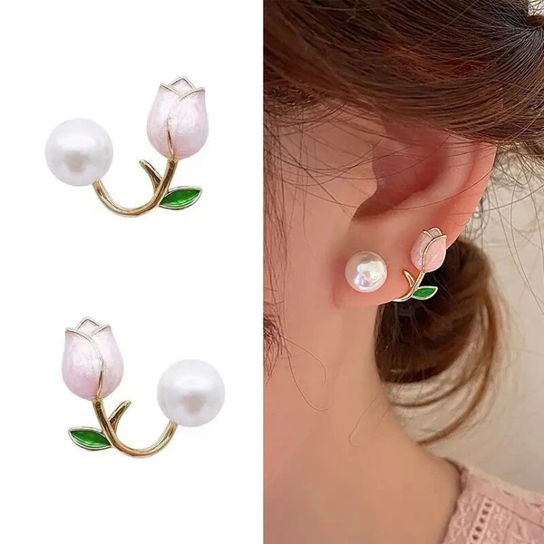 Super fairy tulip imitation pearl earrings new style simple niche ear clip small fragrance style lady earrings