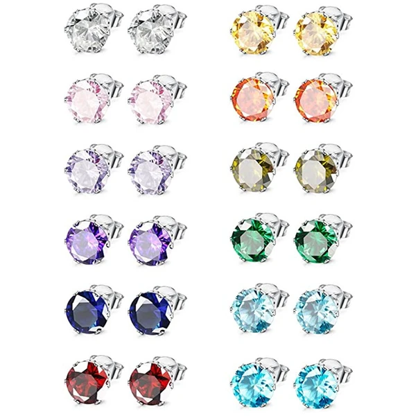 Hot selling classic six-claw colorful zircon earrings for men and women, mini colored gemstone earrings