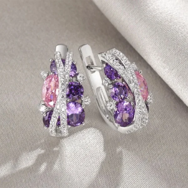 Japanese romantic sweet sparkling pink zircon earrings retro creative double layer X-shaped hollow zircon earrings