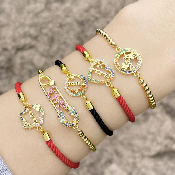 MAMA LOVE red string bracelet with colored diamonds and heart-shaped flowers for Mother's Day