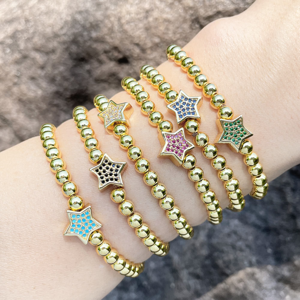 Clearance hot sale copper plated real gold round bead hand jewelry inlaid zircon five-pointed star bracelet female brg67