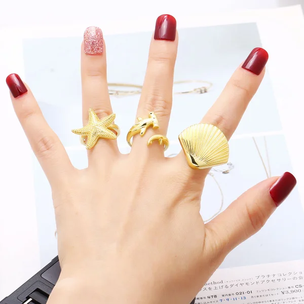 AS jewelry new hot selling starfish shell open ring female copper plated 18k gold shark ring rih59
