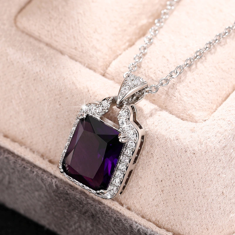 European and American light luxury fashion colored gemstone necklace fat rectangular zircon large pendant personality full diamond women's clavicle chain