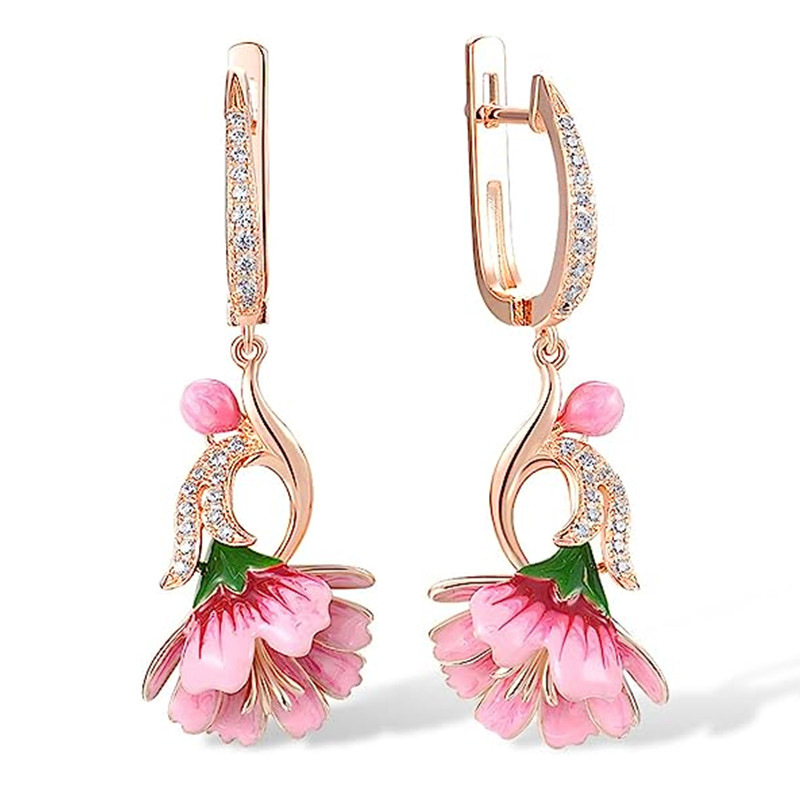 Fairy flower earrings for women, oil-drop flowers inlaid with zircon jewelry, fashionable pastoral hot-selling earrings