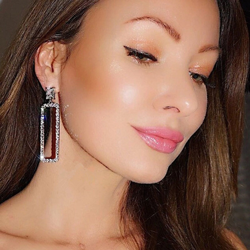 Trendy geometric square crystal long earrings Korean style personality all-match earrings round face slimming earrings