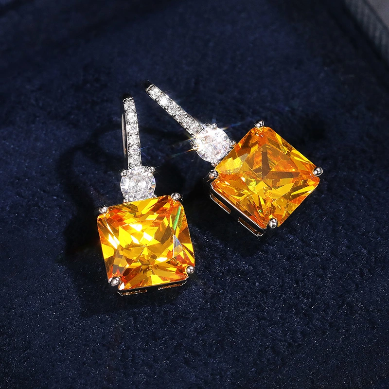 New European and American luxury ice flower yellow diamond earrings fashionable temperament versatile micro-inlaid zircon ear hooks