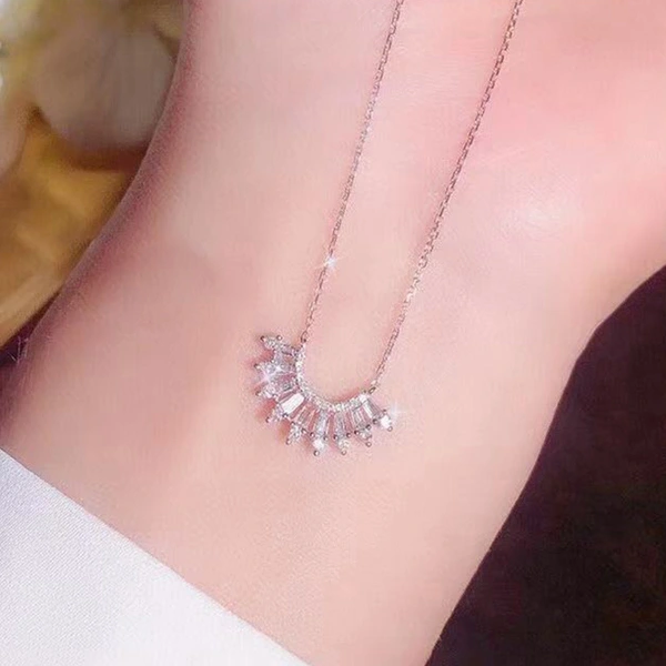 New clavicle chain copper inlaid T square zircon fan-shaped pendant necklace Valentine's Day gift for girlfriend