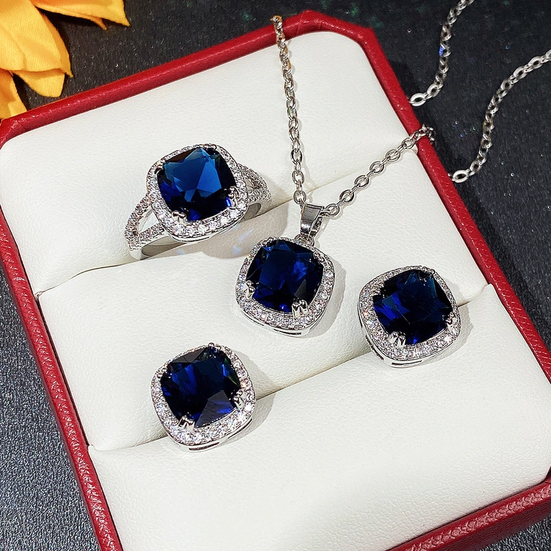 European and American style jewelry set fashionable square royal blue glass series accessories luxurious and elegant jewelry
