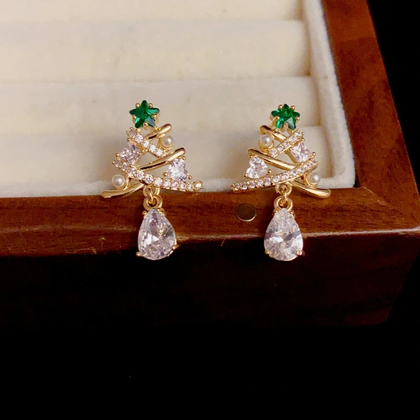  European and Korean light luxury exquisite earrings for women inlaid with zircon Christmas tree earrings fashionable Christmas trend hot items
