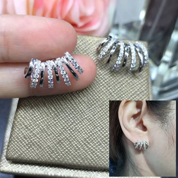 Korean celebrity commuter ear clip copper inlaid zircon arc earrings exquisite women's curved high-quality earrings