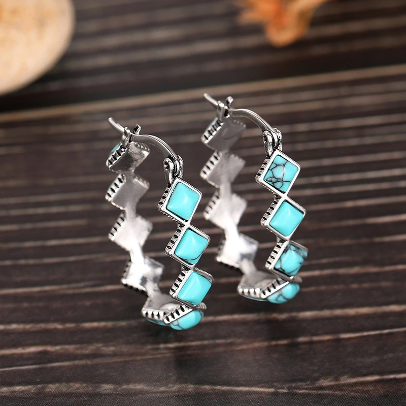 Hot selling retro Chinese style earrings, fashionable geometric imitation turquoise earrings, popular earrings