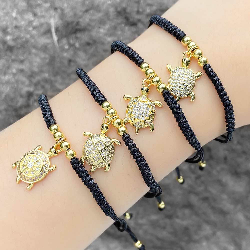AS jewelry European and American hot selling animal turtle pendant bracelet female gold-plated zircon inlaid black rope bracelet brg56