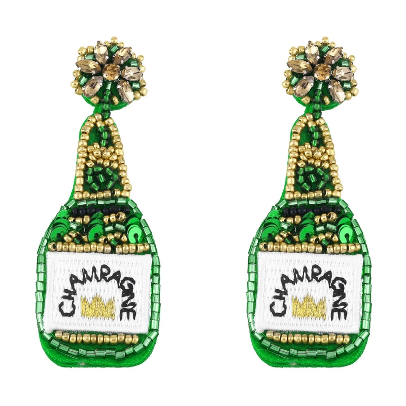 Clearance European and American exaggerated champagne bottle rice bead sequin earrings female embroidered letters CHAMEAGNE earrings ery15